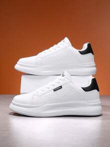 Men's Height-Increasing Breathable Contrast Color Perforated Round Toe Low-Top Lace-Up Thick Sole Street Style White PU Sneakers - Black - View 8