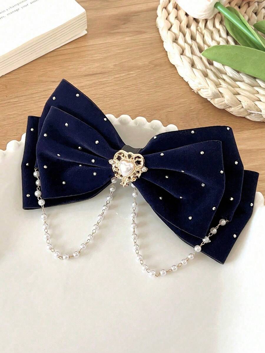 1 pieza Clips de lazo con decoración de perlas falsas y rhinestones para niñas, sin empaque con tarjeta - Azul Marino - Ver 1