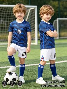Children's Sports Jersey With Burn-Out Design, Customizable Name Football Uniform Set, No. 10 Star Player Style, Boys And Girls Unisex Round Neck Striped Short Sleeve 2 Pieces Set - Navy Blue - View 3