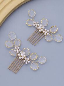 2pcs Pearl Minimalist Versatile Bridal Hair Combs Hair Accessories Suitable For Wedding And Daily Occasions - Gold - View 4