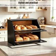 2 Tier Bamboo Bread Box For Kitchen Counter Double Layer Wooden Bread Bin With Transparent Window Magnetic Lock For Home Bakery - View 6