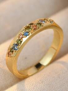 YOYO Vintage Exquisite Multi-Color Synthetic Zirconia Inlaid Wide Ring, Bohemian Women's Daily Wear Jewelry - Gold - View 5
