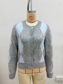 MORI Women's Autumn/Winter Y2K Soft Grey & Blue Argyle Knit Cardigan, Crew Neck Long Sleeve Top, Aesthetic Streetwear Style Fall - Multicolor - View 1