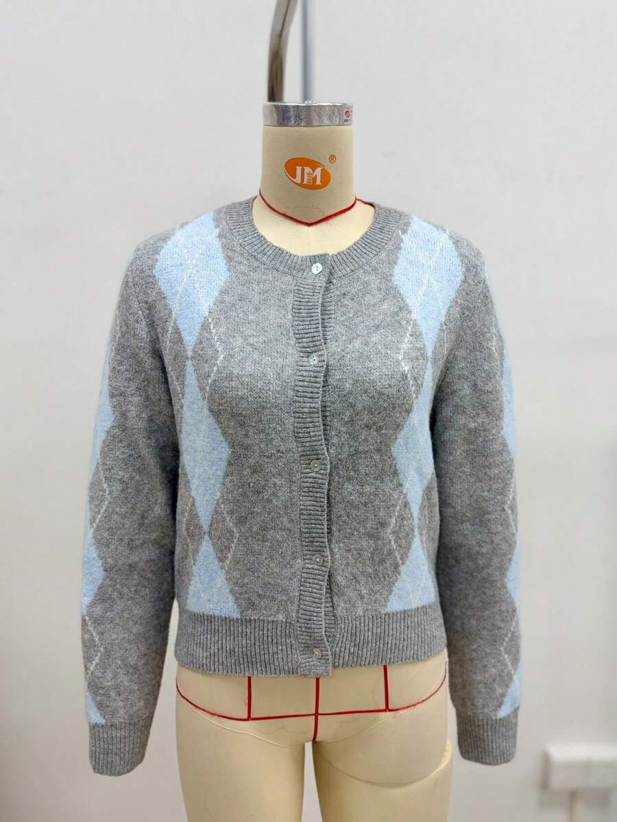 MORI Women's Autumn/Winter Y2K Soft Grey & Blue Argyle Knit Cardigan, Crew Neck Long Sleeve Top, Aesthetic Streetwear Style Fall - Multicolor - View 1