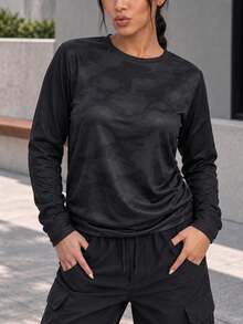 AODSR Women Black Long Sleeve Workout Shirt Camo Print Crew Neck Loose Fit Athletic Training Gym Running Activewear Top - Black - View 1