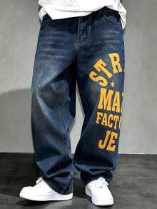Celana Jeans Kasual Seri Street Life untuk Anak Laki-Laki dengan Kancing, Saku, dan Cetakan Huruf, Serbaguna untuk Pemakaian Sehari-hari - Medium Wash - View 5