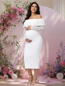 JustVH Maternity Floral Off-Shoulder Long Sleeve Midi Dress, Suitable For Baby Shower And Gender Reveal Party - White - View 6