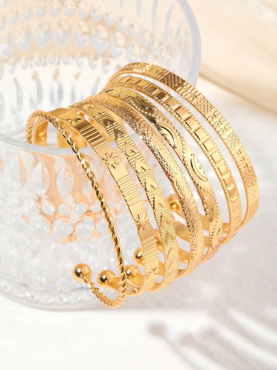 eTel LiKe 7pcs Women's Bracelet Set, Stackable Open Cuff Bracelet Set, Textured Engraved Fashion Jewelry, Minimalist Wrist Accessory Gift