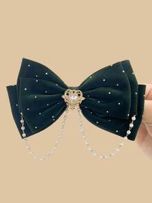 1pc Girls Fashion Crystal & Pearl Bow Decorated Barrette, Without Card Packaging - Dark Green - View 5