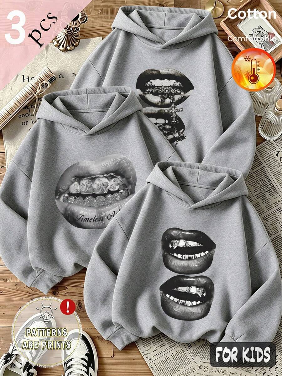 Autumn Winter 3-Piece Set Girls Hooded Fleece Sweatshirt Gray Long Sleeve With Large Lips Print Featuring Teeth Details Y2K - Heather Gray+Heather Gray+Heather Gray - View 1