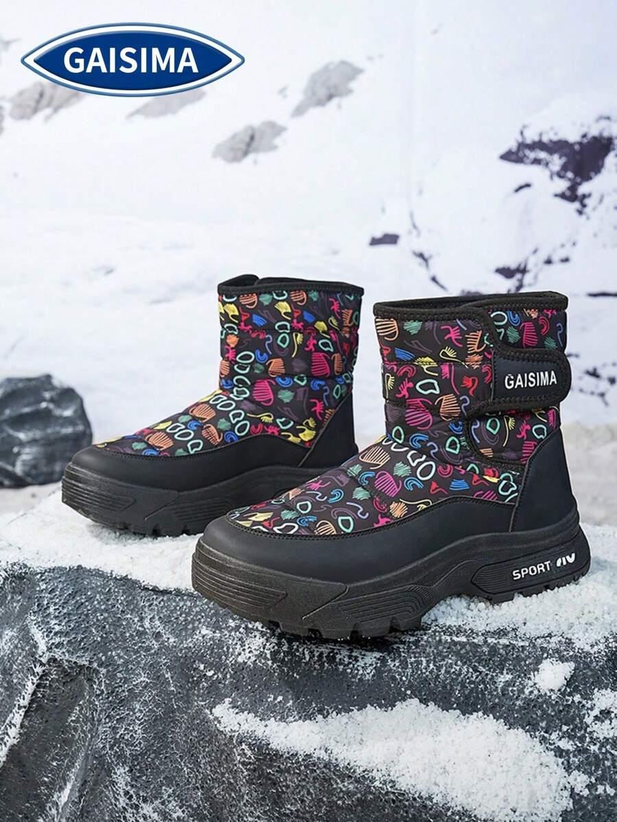 GAISIMA 全新 Pure FASHION-3 印花抽繩可調式袖口全內層保暖雪地靴，厚實紋理防滑鞋底冬季滑雪戶外靴 - 黑色 - 查看 1