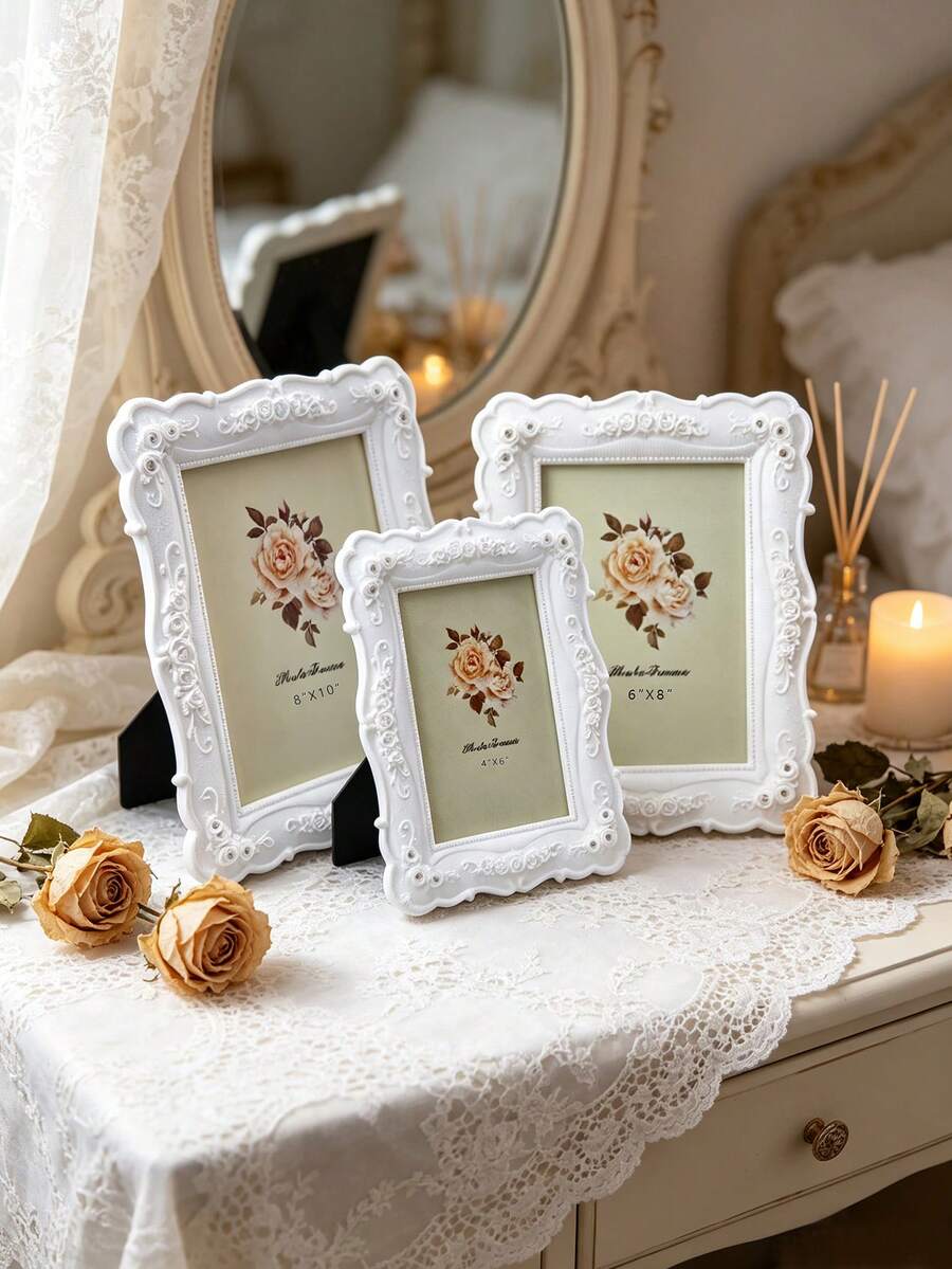 1PC European Style White Embossed Rose Photo Frame, Resin Material Desktop Warm Photo Display Frame, Picture Frame, Photo Frame, Decorative Frame, Suitable For Soft Decoration Ornaments, Desktop Decor, Wedding Gift, Bedroom Vanity Decor, Wedding Photo Memorial Photo Frame