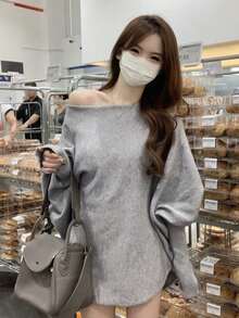 Autumn/Winter Korean Style Elegant Loose Off Shoulder Batwing Sleeve Knit Sweater Inner Layer Women Tops - Grey - View 3