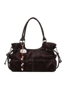 Fun Pendant Accessory Multi-Pocket Tote Bag, Crossbody Handbag With Relaxed Casual Style For Women, Daily Streetwear, Commuting, Shopping, School, Travel, Shoulder Bag - Coffee - View 7