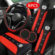 6pcs Car Interior Accessories Set, Bling Bling Rhinestone Steering Wheel Cover, Seat Belt Shoulder Pad, Armrest Cover/Pad, Cup Holder Coaster, Universal Size, All Season - Multicolor - View 5