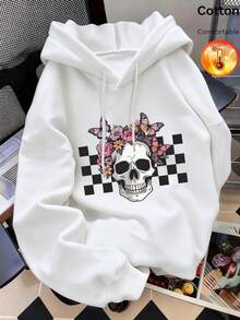 Women's Pure Cotton Hoodie, Autumn/Winter Warm Lining Long Sleeve Loose Fit, Floral Butterfly Print, Drawstring Design - White - View 11