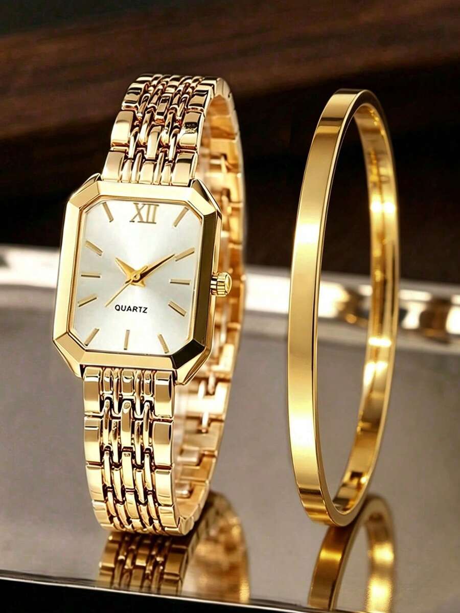 2pcs Elegant Women's Quartz Watch Set, Exquisite Square Minimalist Small Dial, Roman Numeral Gold Steel Band Women's Gold Watch, Paired With Polished Minimalist Gold Bracelet, High-End Women's Set, Exquisite And Elegant Hand Jewelry Accessories, Vintage Luxury Fashion Style, Suitable For National Day, Party, Wedding, Date, Back To School, Christmas, Thanksgiving, Halloween, Easter And Other Occasions, Minimalist And Elegant Enhances Outfit Texture, Best Gift For Women - Gold - View 1