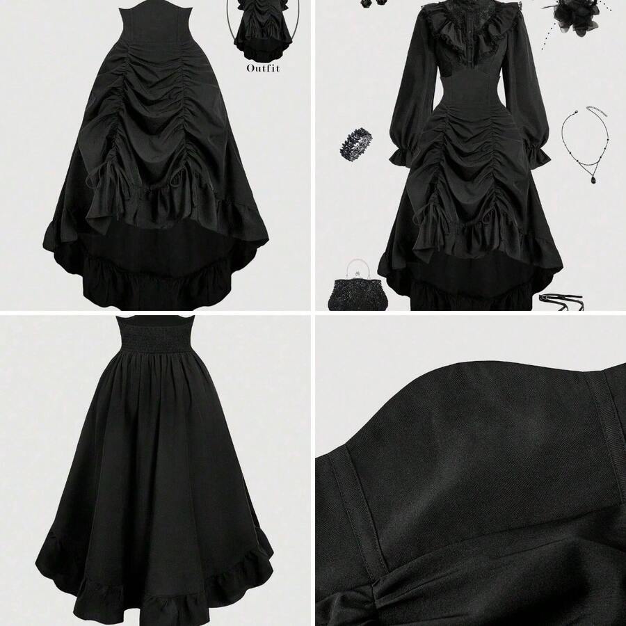 MOD Falda de cintura alta con bajo asimétrico, cintura alta, pliegues en el bajo delantero, longitud ajustable, ribete de volant - Negro - Ver 1