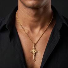 1pc Personalized 18K Gold-Plated Stainless Steel Three-Dimensional Retro Jesus Pendant Necklace, Hip-Hop Style, Suitable For Men Daily Wear - Gold - View 3