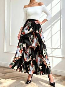Rok A-Line Lipit Motif Bunga Ringan Elegan Kasual untuk Wanita, Cocok untuk Perjalanan Sehari-hari - MultiWarna - View 2