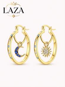 1 Pair Original 925 Sterling Silver Women's Hoop Earrings, 18K Gold Plated, Inner Sun & Moon Design, Inlaid With Blue Cubic Zirconia - Gold - View 12