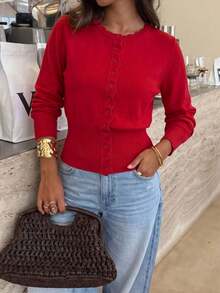 Unadoll Women Fall Winter Red Scallop Button Puff Sleeve Knit Crop Cardigan, Elegant Slim Basic Top For Back To School & Date Night - Red - View 4