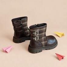 1 Pair Girls' Brown Plaid Patchwork Double Buckle Decor Side Zipper Mid-Calf Boots, Suitable For Autumn/Winter Outfit Matching - Coffee Brown - View 6