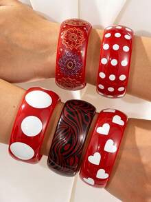 NAIZHU 1pc Red Polka Dot Heart Exaggerated Oversized Bracelet, Suitable For Women's Daily Wear, Dating And Party - Red - View 2