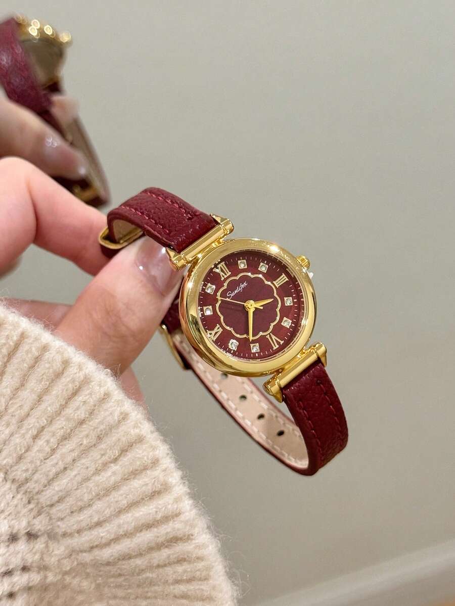 1件復古風手錶,配紅色可調式PU錶帶、圓形金色錶殼與優雅羅馬數字刻度,適合日常辦公穿搭 - 紅色 - 查看 1