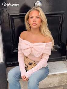 VIBEWAVE Women's Big Bow Cold Shoulder Knit Sweater, Minimalist Sexy Style Ribbed Slim Fit Cropped Long Sleeve Top - Pink - View 2