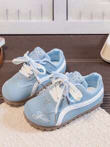 Kids' Playful Embroidered German Training Shoes, Colorblock Patchwork Lace-Up Children's Shoes, Lightweight Outdoor Casual Shoes - Baby Blue - View 2