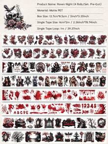 4 Rolls/Box Pre-Cut Dark Gothic Halloween Themed Washi Tape Set, Matte PET Sticker Rolls, Scrapbooking DIY Manual Craft Materials - Raven Night - View 10