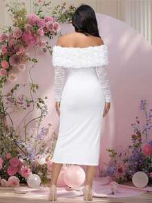 JustVH Maternity Floral Off-Shoulder Long Sleeve Midi Dress, Suitable For Baby Shower And Gender Reveal Party - White - View 2