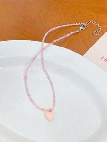 Mori Style Candy Color Heart Beaded Necklace For Women, Ins Cute Sweet Elegant Collarbone Chain, 1pc (Bead Color Random) - Pink - View 4
