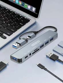 USB C HUB Adapter Expansion Dock, USB3.0 Multi-Function Computer SD Card Reader - Silver - View 2