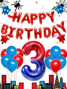Spider Themed Balloon Set, Includes Web Pattern Number Balloon, Happy Birthday Letter Balloons & Star Balloons, For Kids Birthday Decor, Cosplay Party And Birthday Party Supplies - View 3