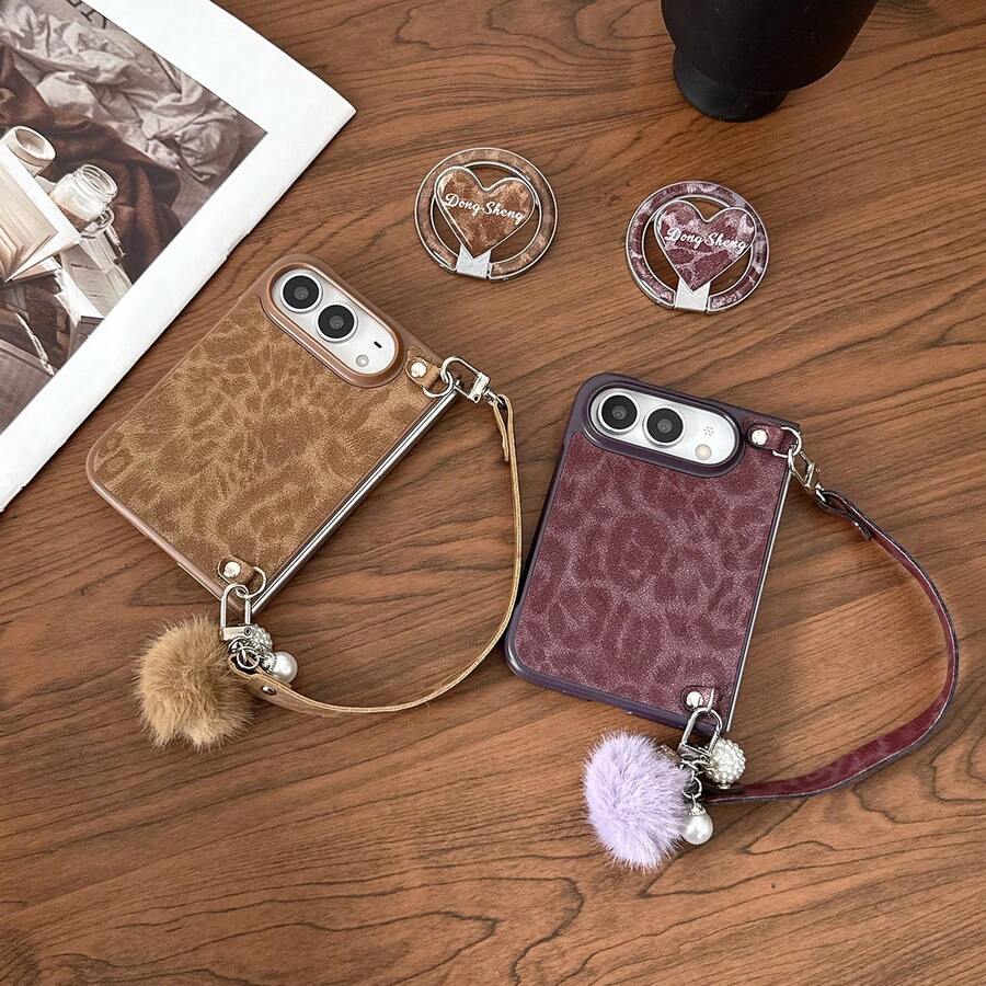 PU Leather Leopard Print Magnetic Phone Case With Fur Ball Wrist Strap [Compatible With Magsafe], Hard PC Back Plate Protective Phone Cover, Compatible With IPhone Duo