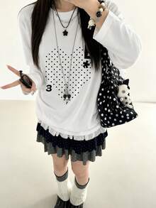 Women's Fashion Autumn/Winter Loose Minimalist Versatile Letter & Heart Print Long Sleeve T-Shirt - White - View 4