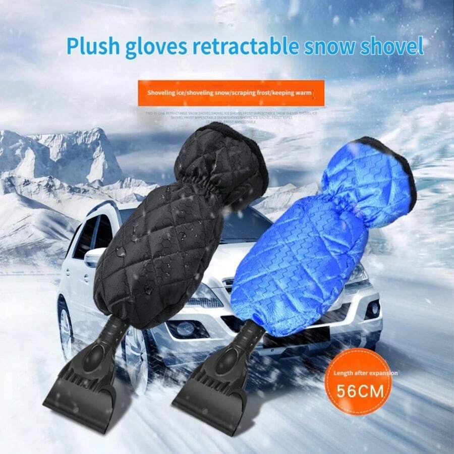 New Car Snow Scraper With Fleece Gloves, Telescopic Aluminum Alloy Ice And Frost Scraper Brush, Car Windshield Snow Brush - Snow Shovel + Gloves - View 1
