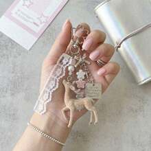 Fawn Keychain Pendant Lace Pearl Bow Bag Charm Korean Sweet Clover Backpack Chain Y2K Girly Gift - Apricot - View 4
