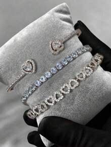 1/3件套不锈钢18K镀金心形水钻手镯套装，铜镶嵌人造锆石开口手镯，时尚日常佩戴及女士礼品 - 銀色 - 查看 3