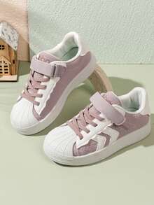 1 Pair 2026 Girls' Wavy Trim Contrast Color Decor PU Fabric Shell Round Toe Low-Top Hook & Loop Flat Sneakers, Fresh & Cute Style, Suitable For Spring/Autumn, Christmas, Halloween, Daily Wear - Purple - View 3
