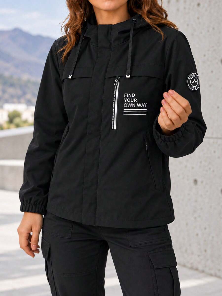 AODSR Women's Black Hooded Jacket With Multiple Zip Pockets, Drawstring And Letter Print, Long Sleeve Zip Front Outerwear - Black - View 1