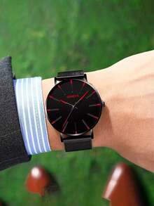 4pcs Men's Simple Black Mesh Watch With Spear Pendant Set,Ultra-Thin Quartz Watch Fashion Casual Formal Watch Men's Gift Suitable For Daily Wear Gift - Red - View 4