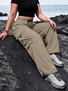 Women's Y2K Cargo Pants, Elastic Waist Wide Leg Sweatpants With Side Pockets, Adjustable Cuffs, Streetwear Style Solid Color Casual Straight Leg Pants, Joggers - Khaki - View 2