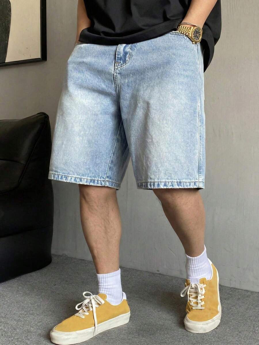 Men's Summer Non-Stretch Denim Shorts Straight Leg Mid-Thigh Length, Cotton - Blue - View 1