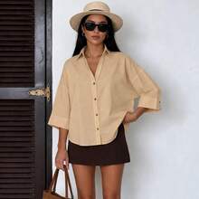 Spring/Summer New Fashion Casual Lapel Linen Blend Wide Sleeve Shirt, Cool-Touch Top, Versatile Slimming Old Money Style - Khaki - View 3
