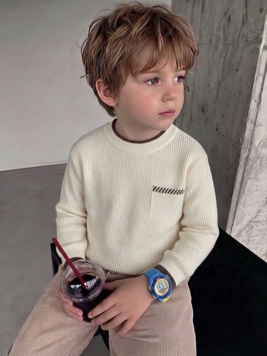 Boys' Preppy Colorblock Plaid Crew Neck Knit Sweater Pullover, Suitable For School Daily Wear In Spring, Autumn And Winter - Apricot - View 1
