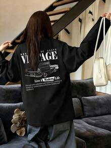 Women's Spring/Autumn Loose Fit Versatile Round Neck Fashion Casual Letter & Cartoon Car Print Long Sleeve T-Shirt - Black - View 3
