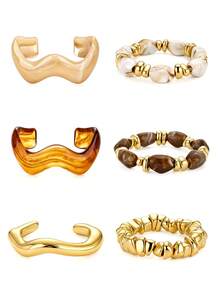 3/6 Buah Gelang Manset Bergelombang Tidak Beraturan & Gelang Manik-Manik, Pola Pusaran Marmer, Gaya Retro Minimalis, Gelang Wanita yang Dapat Ditumpuk, Cocok untuk Musim Gugur dan Musim Dingin - Emas - View 9